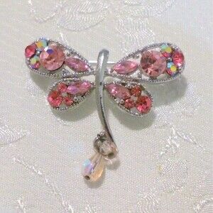 Pink Rhinestone Silver Tone Dragonfly Brooch